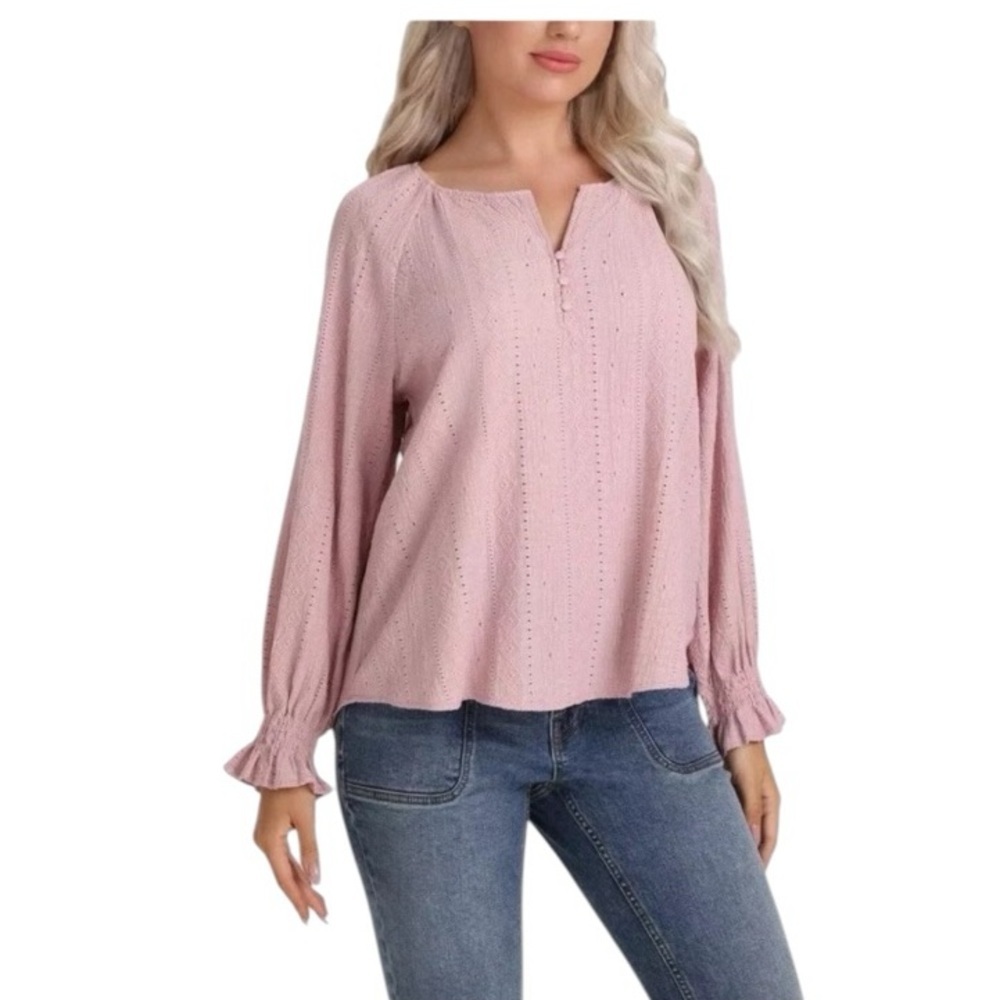 Frye Textured Peasant Boho Top Dusty Pink Long Sleeve Poet Blouse Size M